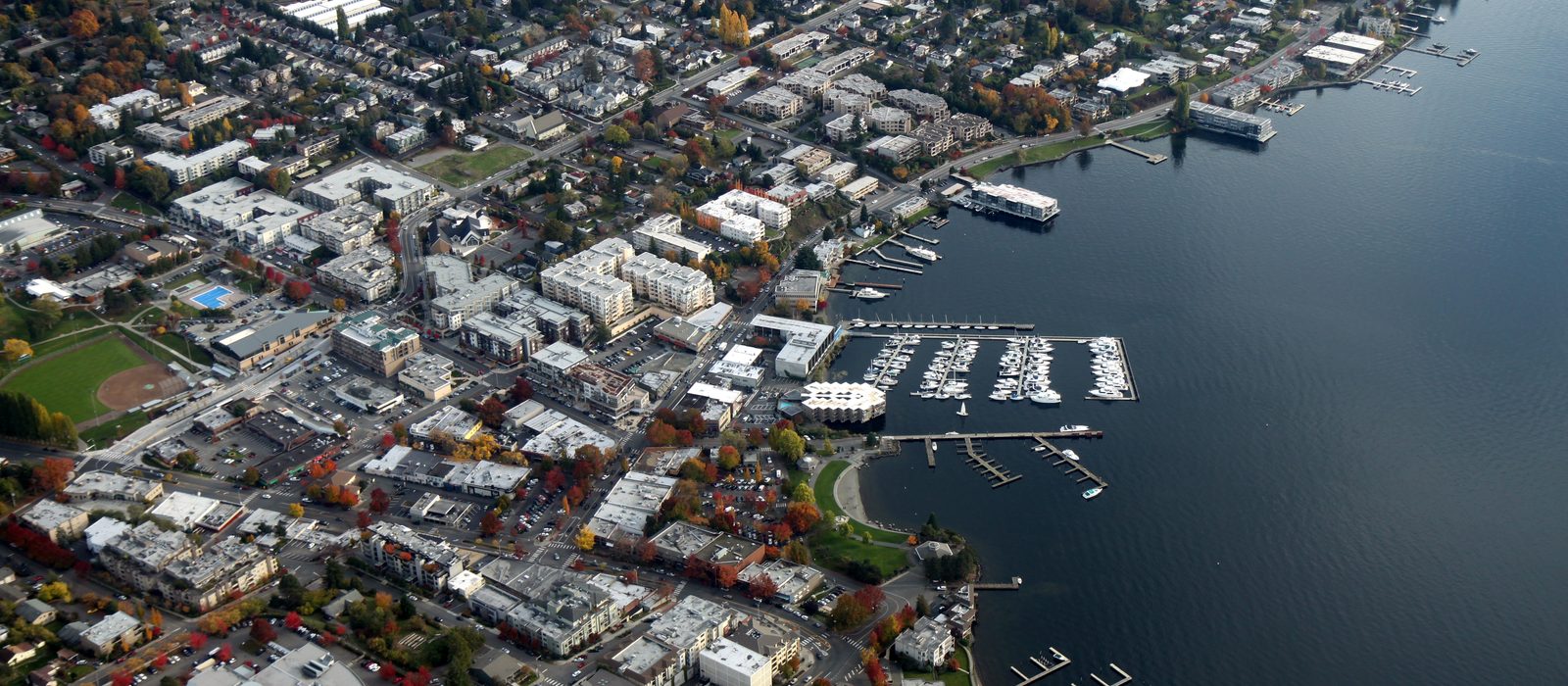 Aerial view of downtown Kirkland's marina and Lake Washington waterfront